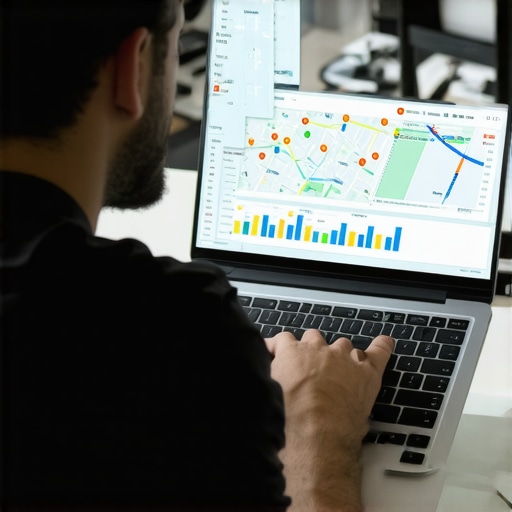 Expert Analyzing Local SEO Data SEO expert reviewing Google Maps ranking data on laptop.