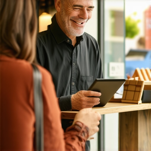 Business owner encouraging customer reviews on a tablet in front of a shop