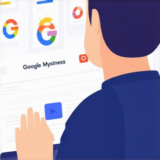 Google My Business Optimization Person optimizing Google My Business profile on laptop with local SEO icons.