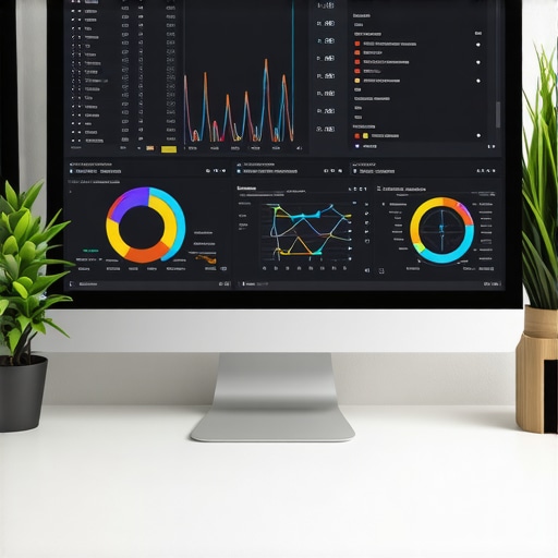 SEO Tools Workspace A workspace with computer screens displaying local SEO analytics and tools.