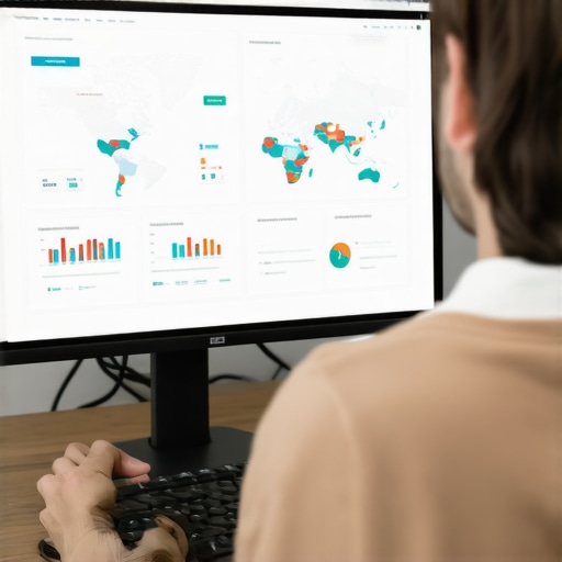 A person reviewing local SEO performance metrics on a monitor showing maps and graphs.