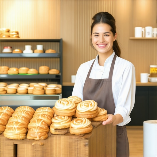 Bright Bakery Interior Interior shot of a bakery showcasing fresh pastries and happy staff