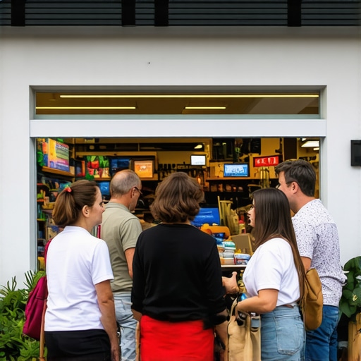 Business owner interacting with community members at storefront, emphasizing local authority.