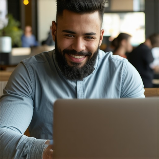 Business owner replying to reviews on laptop in cafe.