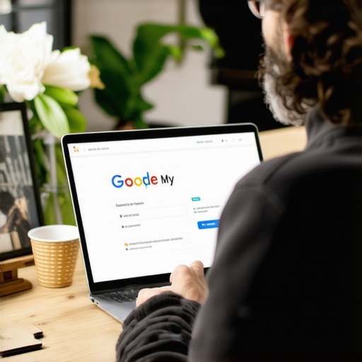 Optimizing Your GMB Profile Business owner updating Google My Business profile on laptop with visual marketing materials.