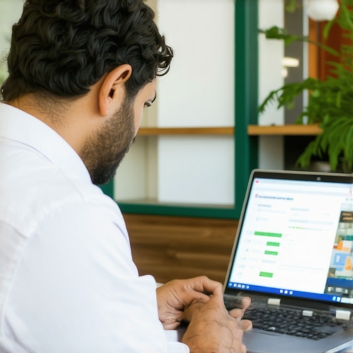 Optimizing Your Google My Business Profile Business owner optimizing GMB profile on laptop with storefront background