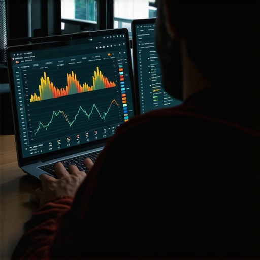 Person reviewing SEO analytics on a multi-screen setup in a modern office