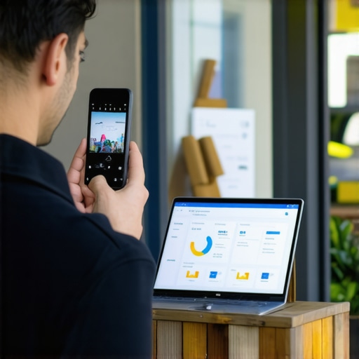 A person recording a promotional video outside their local store, enhancing online citations and SEO efforts.