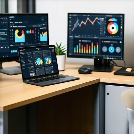 A modern workspace with screens displaying local SEO analytics, content planning, and review management tools.