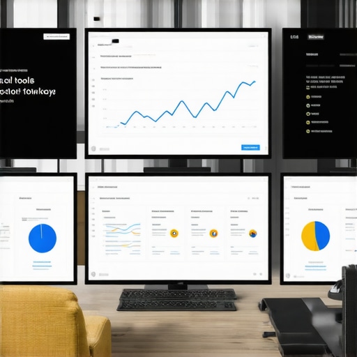 A workspace setup with computers showing SEO tools and analytics dashboards for local business optimization.