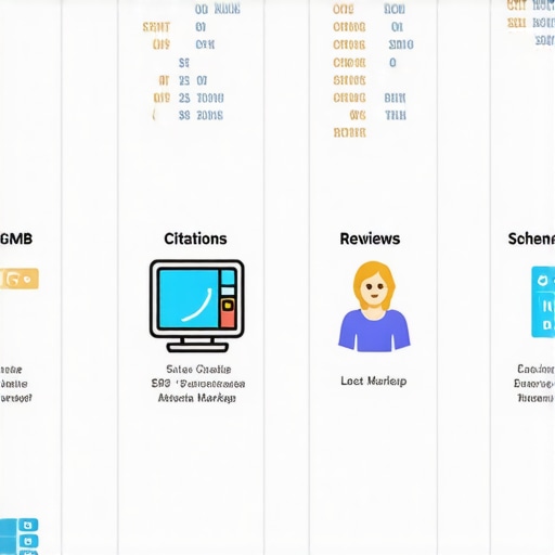 Diagram showing steps to optimize local SEO including Google My Business, citations, reviews, and schema markup.