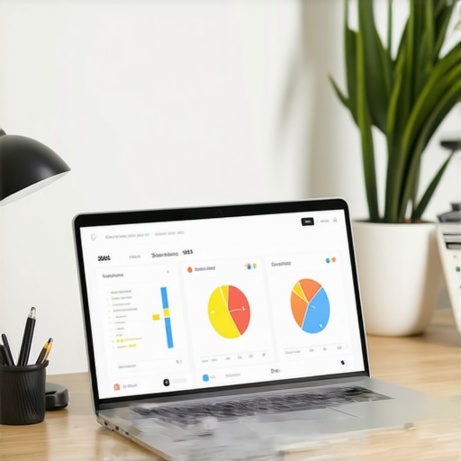 A workspace with SEO software open on a laptop showing maps and ranking data.