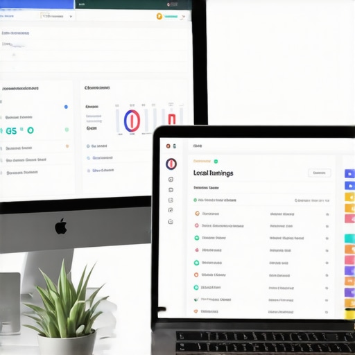 Digital Tools for Local SEO Maintenance A workspace featuring SEO dashboards, citation tools, and local ranking graphs.