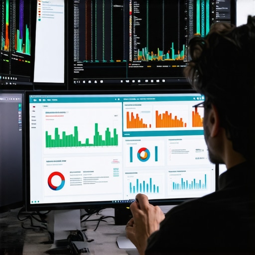 A person analyzing multiple screens displaying brand mention analytics and SEO metrics.