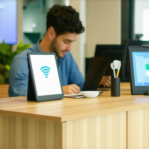 Business owner installing Wi-Fi check-in equipment in a storefront for better local search signals.