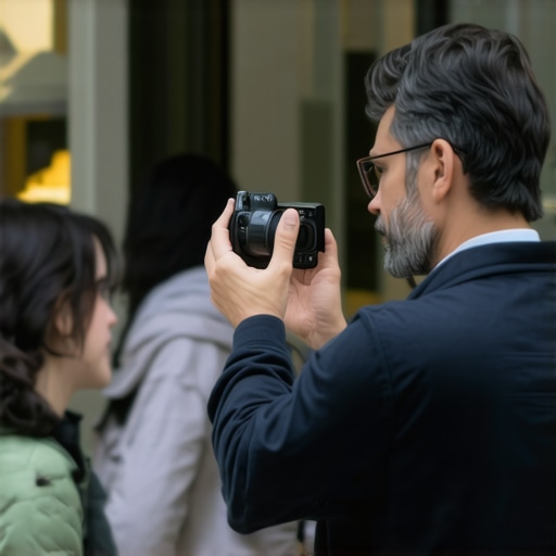 Business owner taking photos of storefront and interacting with customers to verify local presence.